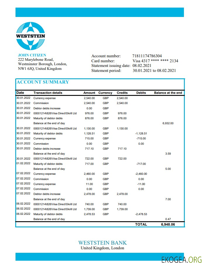 Royaume Uni Weststein Bank Excel